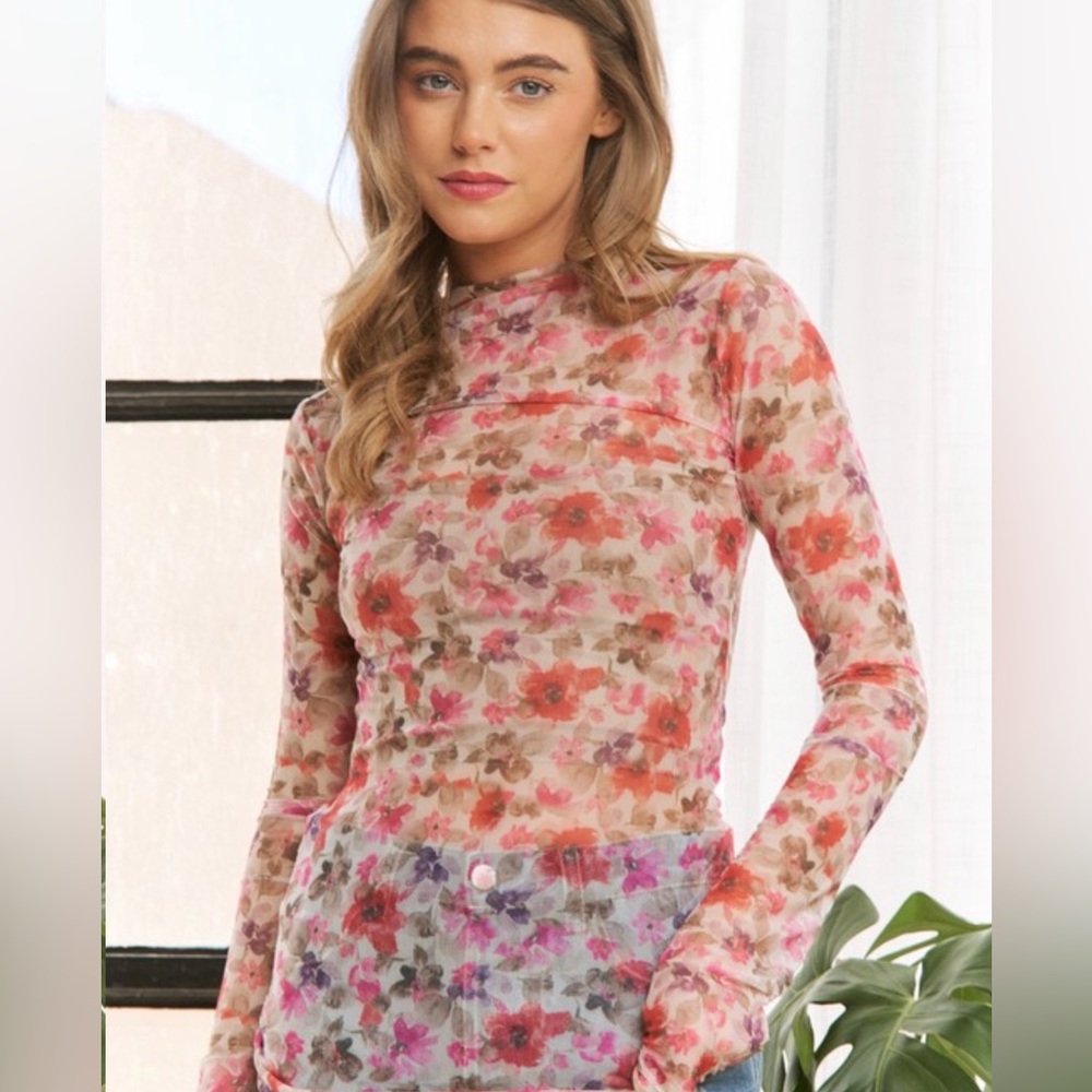 Floral Long Sleeve Mesh Top NWT
